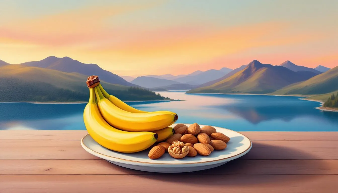 A colorful plate of sleep-promoting foods, including bananas and nuts, representing dietary tips for better sleep.