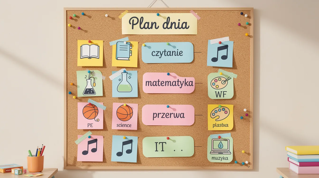 Na kolorowej tablicy korkowej znajduje się wizualny plan dnia, przedstawiający różne aktywności szkolne za pomocą ikon. Plan ten może być pomocny dla dzieci potrzebujących kształcenia specjalnego, dostosowując wymagania edukacyjne do ich indywidualnych potrzeb rozwojowych.
