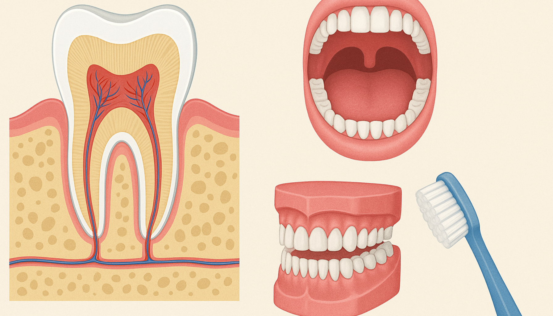 Illustrasjon av tannanatomi, åpen munn, tannmodell og tannbørste som viser struktur og pleie av tenner.