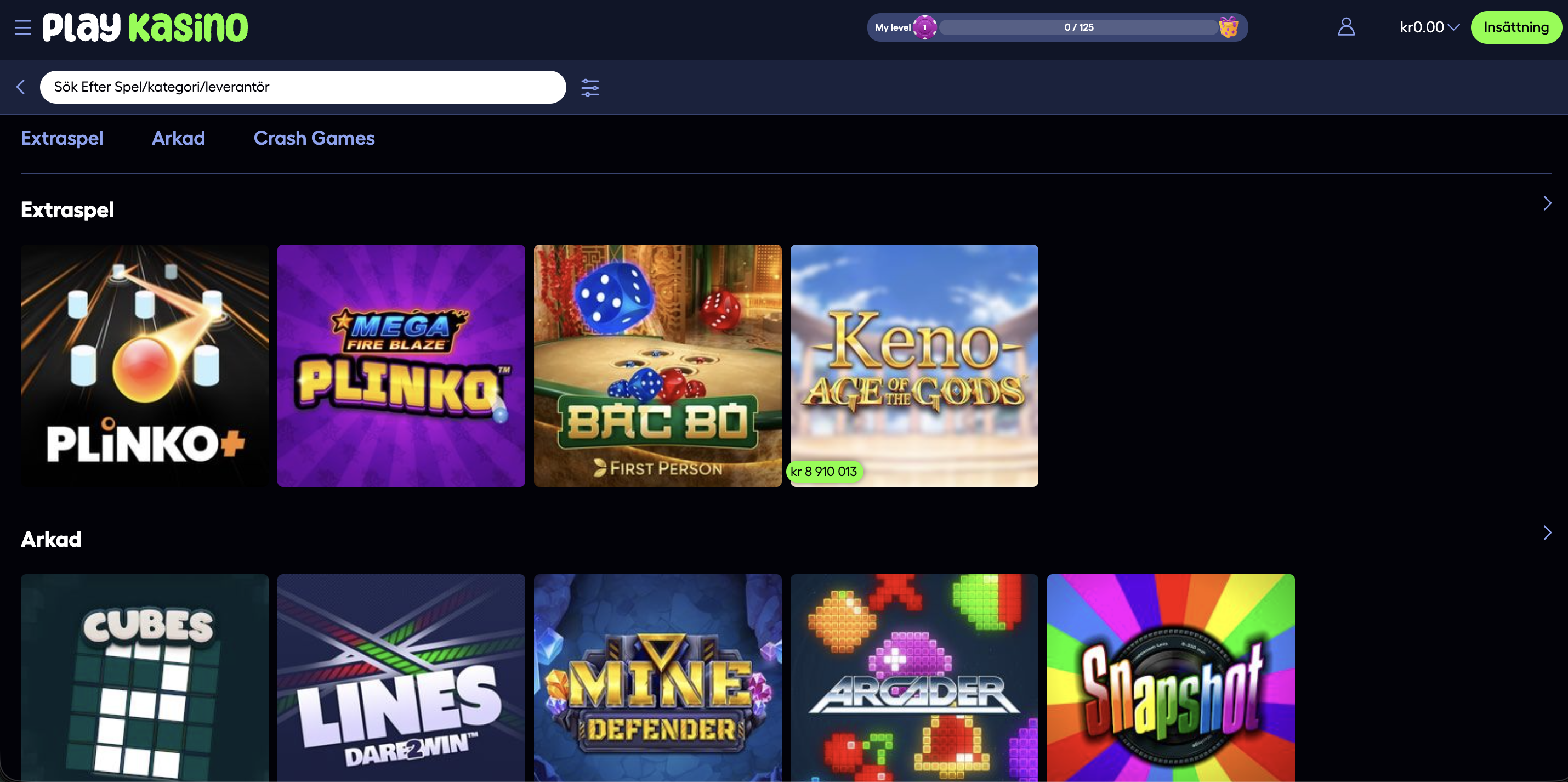 PlayKasino arkadspel och extraspel sida med Plinko, Keno och Bac Bo – PlayKasino recension