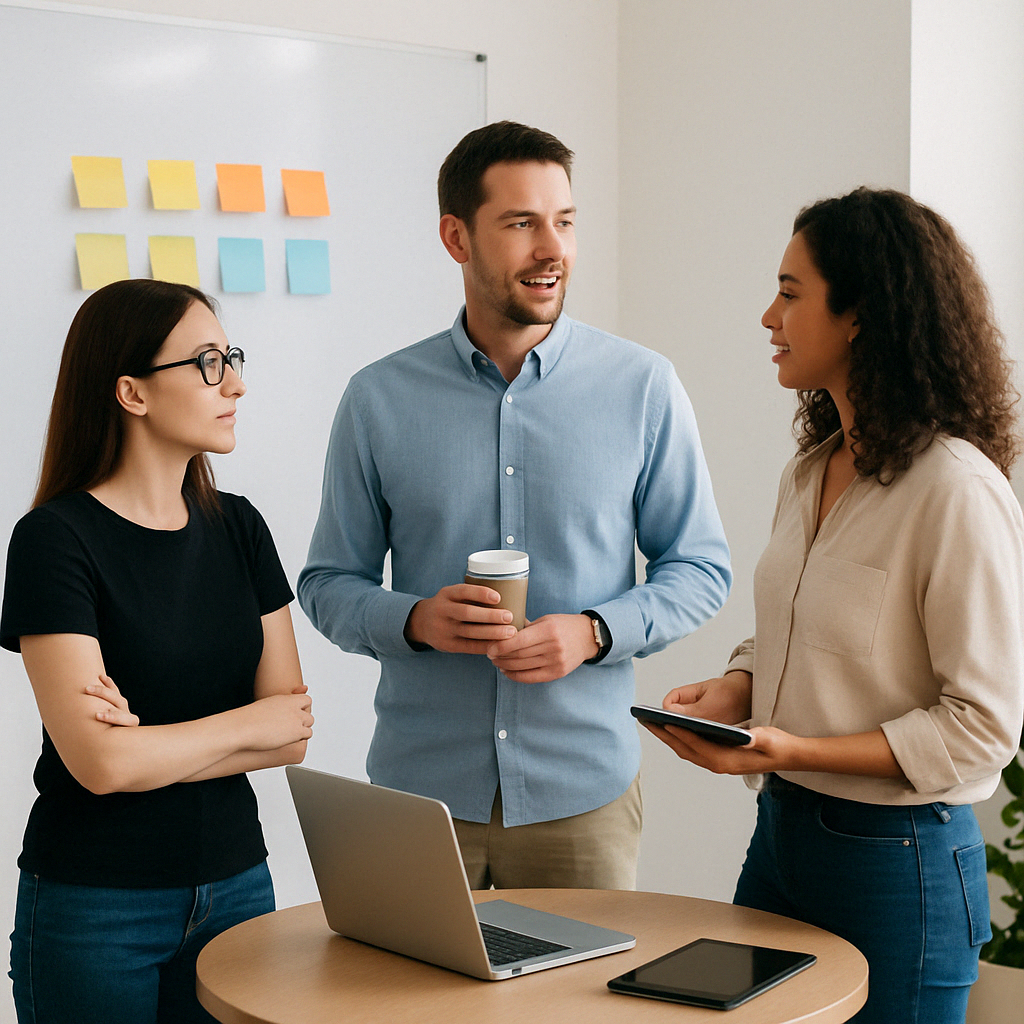 Three colleagues gather for a check‑in around a table with laptop and tablet, illustrating client updates, unlimited users, and track progress in web apps.