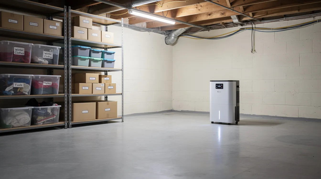 A dehumidifier unit is actively running in a clean basement, where the organized storage on shelving includes various items, helping to control moisture levels and prevent mold growth. The space is well-maintained, reducing the risk of health concerns associated with excess moisture and mold spores.