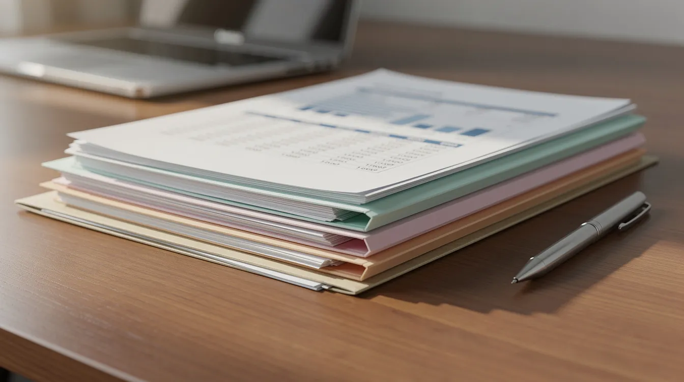 4ab1f080 8714 4796 a4b2 79d141bc30af The image shows a neatly organized stack of financial documents and folders on a wooden desk, suggesting a focus on managing credit needs and financial support for small businesses. This arrangement may include important papers related to availing loans, such as the Mudra loan application or documents for business plans and previous loans.