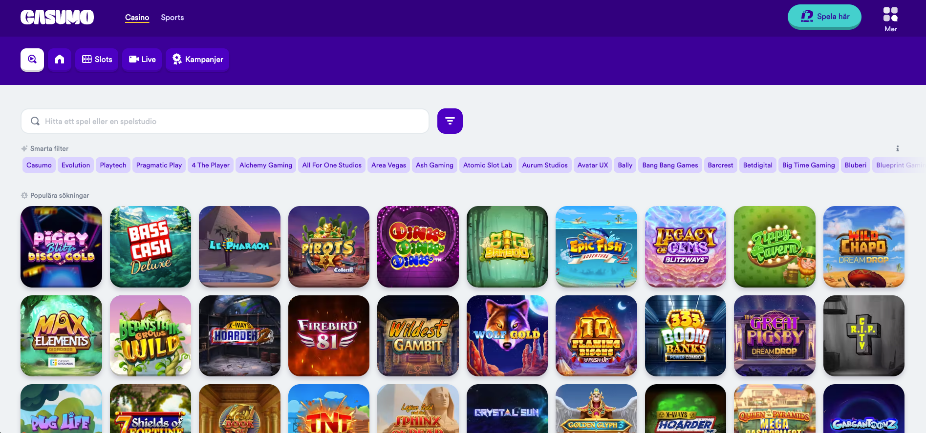 casumo filtrering och sortering