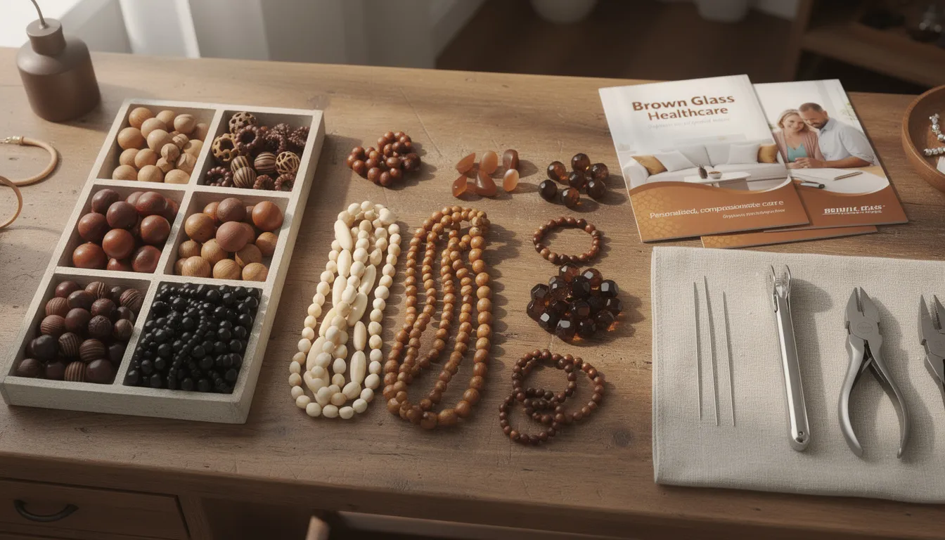 The image showcases a diverse selection of brown beads made from various materials, including wood, bone, and acrylic, arranged neatly to highlight their different shades and textures. Essential jewellery-making tools like wire cutters and pliers are also present, emphasizing the ideal stock needed for crafting unique pieces.