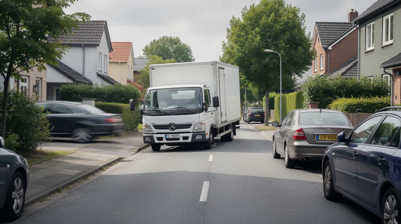 A delivery truck is parked at an angle on a narrow residential street, creating obstructed sightlines for other drivers. This situation could potentially lead to vehicle collisions, highlighting the importance of skilled legal representation from a truck accident lawyer in case of an incident.