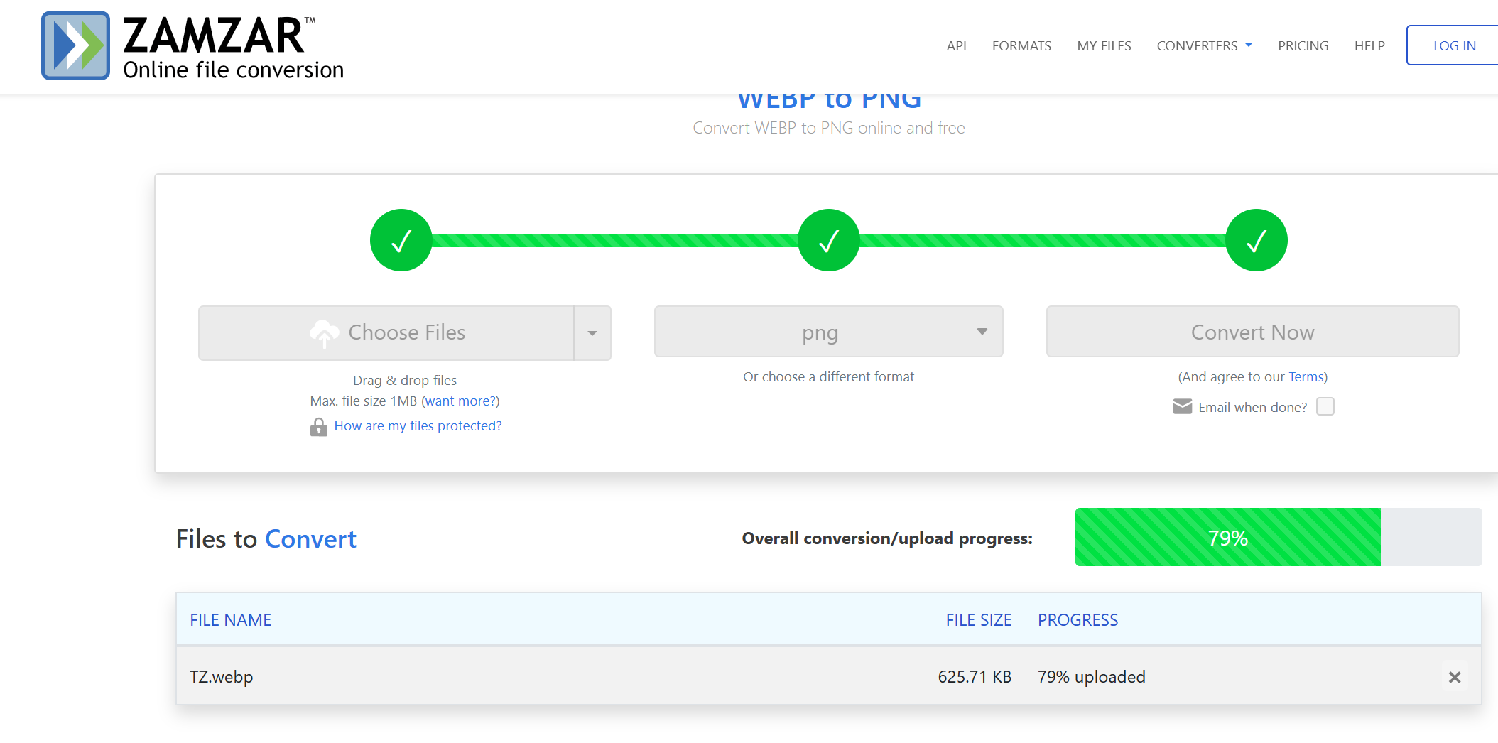 Using Zamzar to convert WebP to PNG