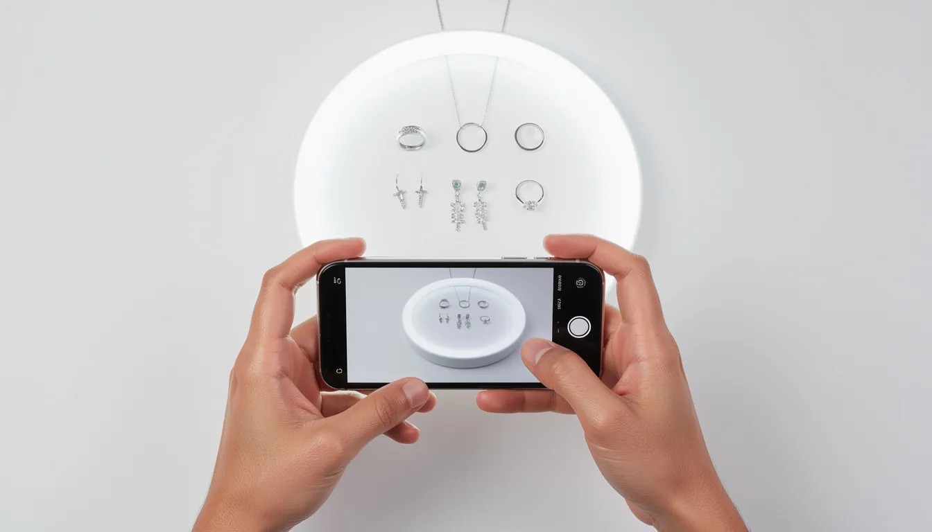 A person is using a smartphone to photograph silver jewellery, illuminated by a ring light, against a clean white background. The image captures the intricate details of the jewellery, showcasing its shine and design, which can help search engines understand the content's relevance for users searching for silver jewellery.