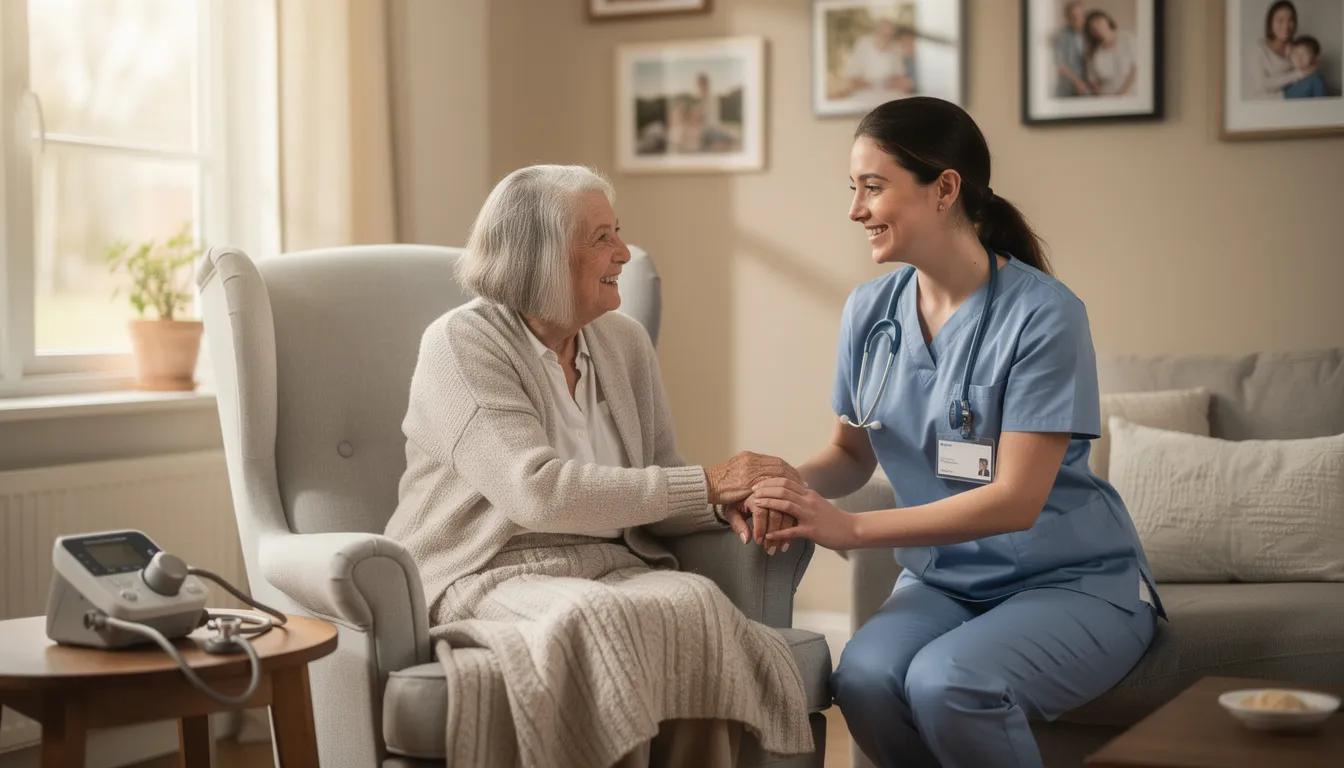 Une infirmière souriante se tient au domicile d'un patient âgé, offrant des soins avec bienveillance. Elle utilise un logiciel infirmier pour gérer les dossiers et assurer un suivi de qualité dans le cadre de sa tournée quotidienne.