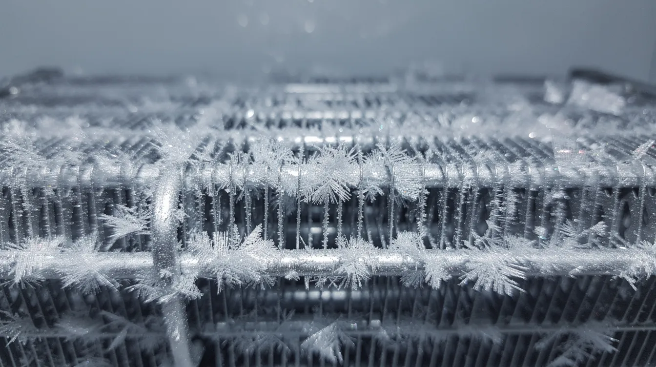 A close-up view reveals frost and ice crystals forming on the metal cooling coils of an air conditioning unit, indicating potential issues like low airflow or a dirty air filter. This buildup can hinder the efficient operation of the AC unit, particularly in humid climates.