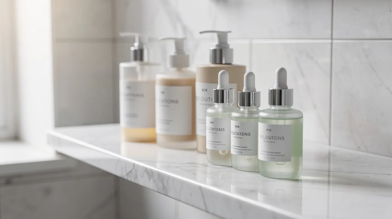 The image features several skincare bottles and serums, including products designed to combat skin ageing and improve skin texture, neatly arranged on a marble bathroom shelf. These items, rich in active ingredients like vitamin C and hyaluronic acid, aim to enhance hydration and restore a youthful appearance while addressing concerns such as uneven skin tone and premature wrinkles.