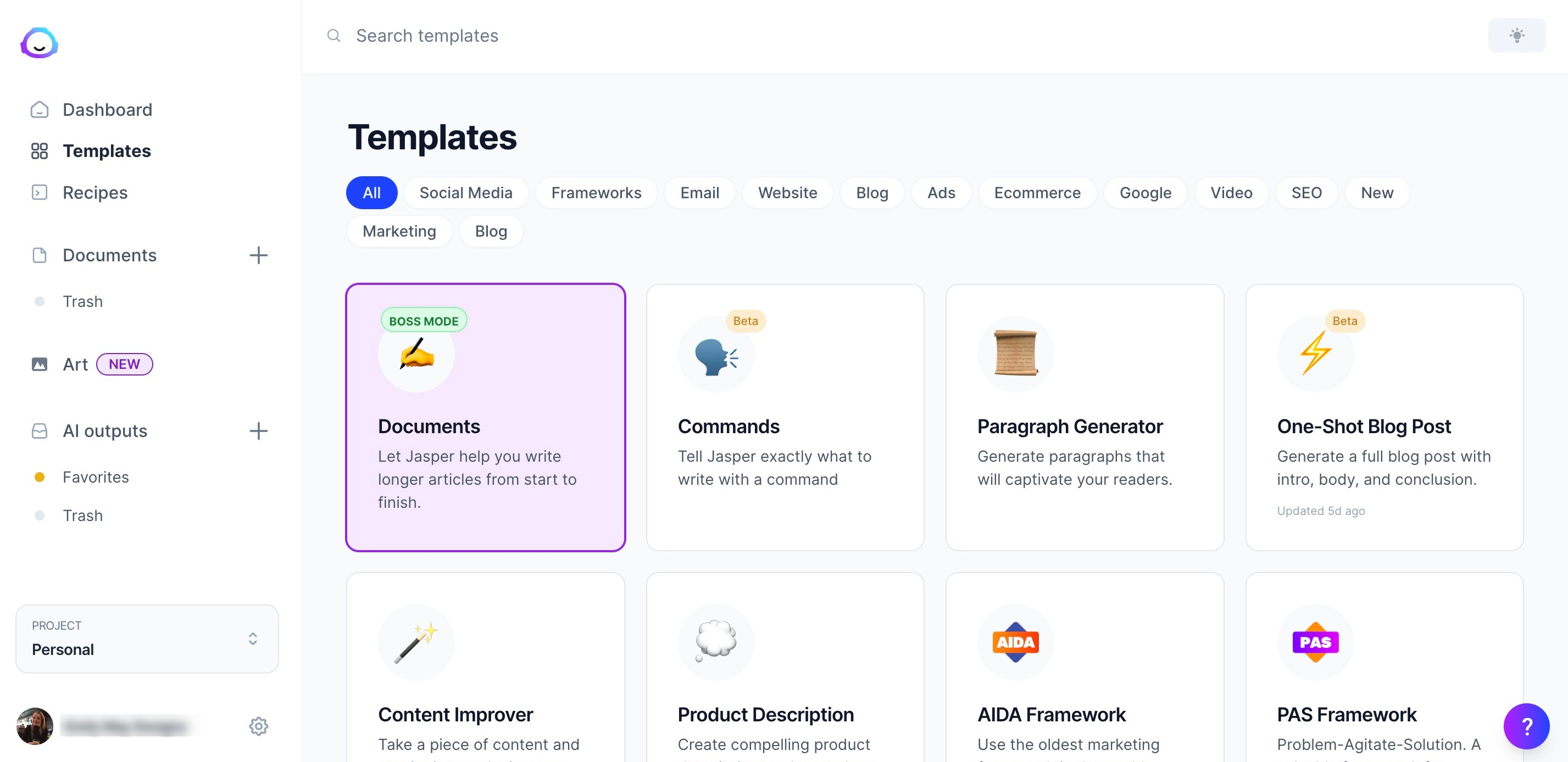 Jasper AI vs Copy AI - Jasper's user dashboard layout.