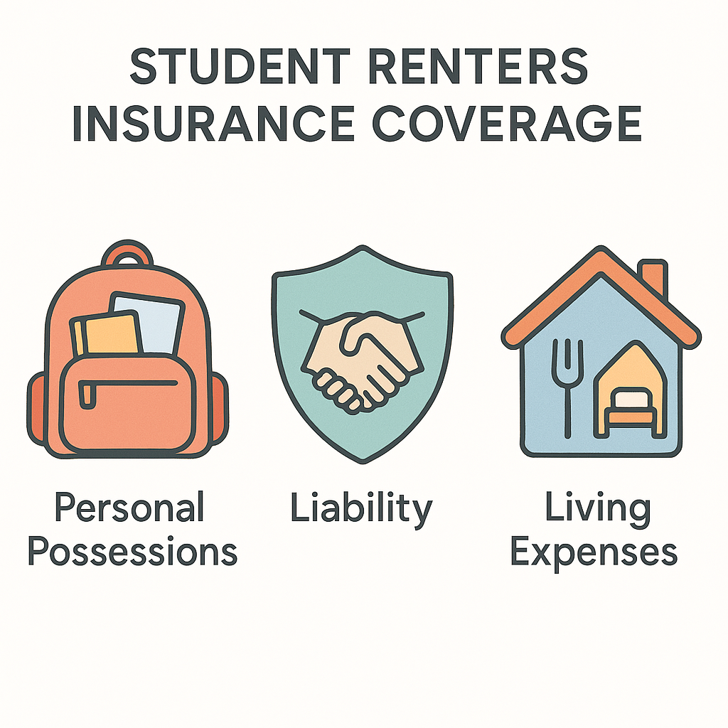 The diagram illustrates the three core coverage types of renters insurance: Personal Possessions Coverage, represented by an icon of a house with belongings, Liability Coverage, depicted with a shield symbol, and Additional Living Expenses, shown with a temporary housing icon. Each coverage type highlights the protection it offers, such as safeguarding personal property against theft and providing liability protection for medical expenses related to injuries on the rental property.