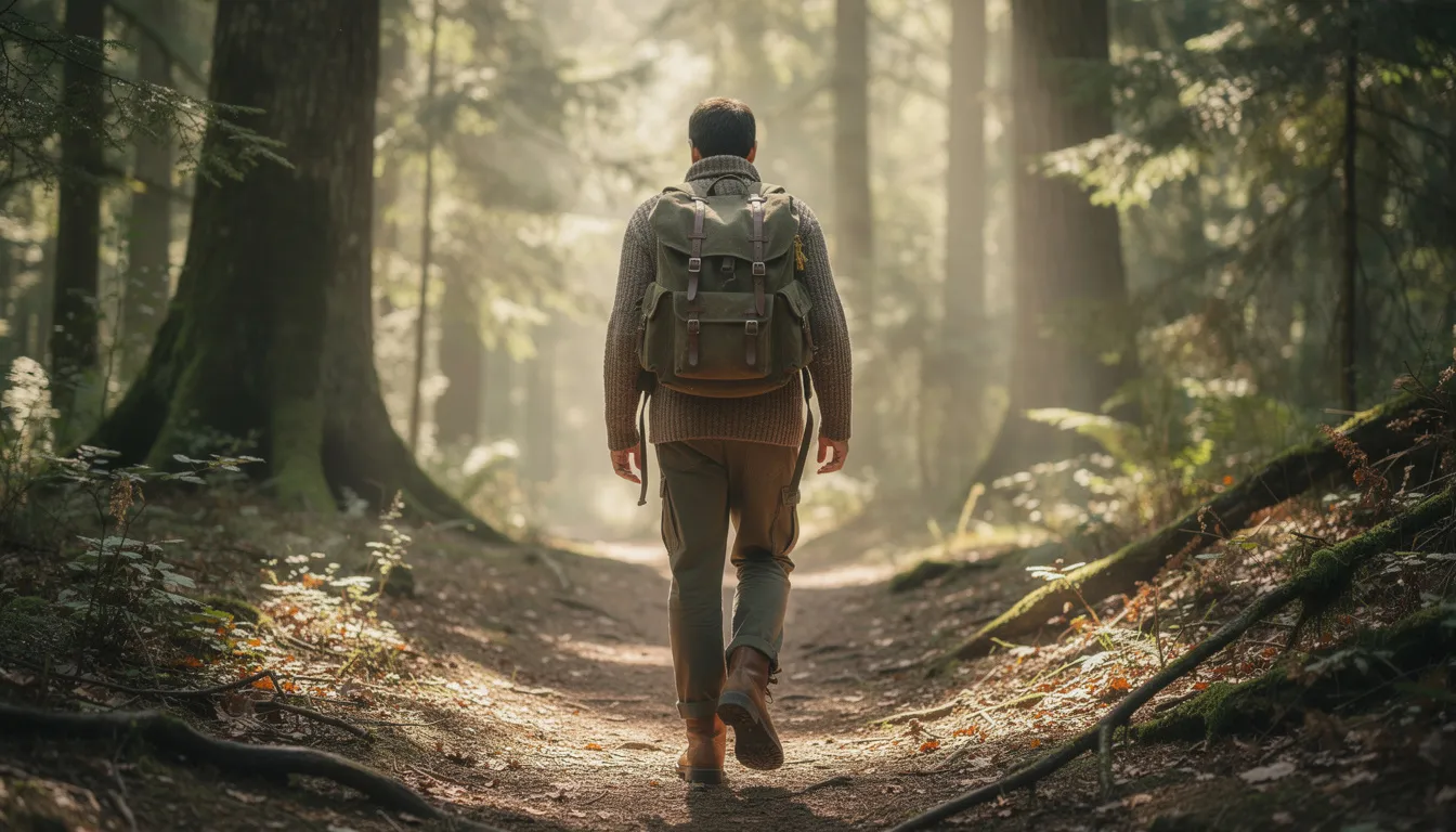 A hiker traverses a forest trail, dressed in a cozy wool sweater and natural fiber clothing in earthy tones, while carrying a durable canvas backpack with leather straps. This scene embodies a plastic free camping experience, showcasing eco-friendly hiking gear that minimizes environmental impact.
