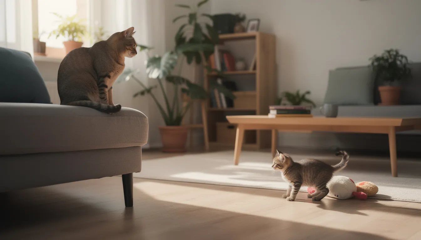 In een huis zijn twee katten te zien, een volwassen kat en een erg jonge kitten, die op een rustige plek afstand van elkaar houden. De volwassen kat lijkt alert terwijl de kitten nieuwsgierig om zich heen kijkt, wat een typisch kattengedrag is in een nieuwe omgeving.