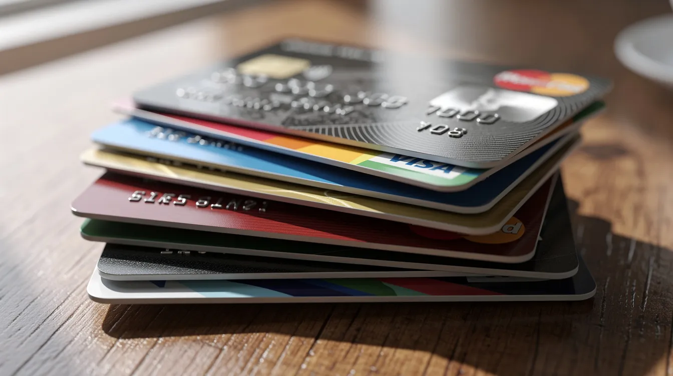 A stack of credit cards is neatly arranged on a table, showcasing various designs and colors. This image represents financial tools that can be part of a balance transfer plan, highlighting options for managing debt and credit scores.