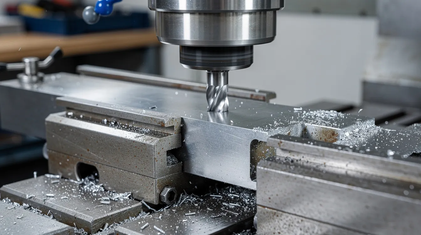 A close-up view of a CNC machining center spindle features a carbide end mill poised to engage a steel workpiece securely clamped in a vise, illustrating the precision of computer numerical control technology in the machining process. This setup demonstrates how CNC machines operate to perform complex machining tasks with high accuracy in the manufacturing industry.