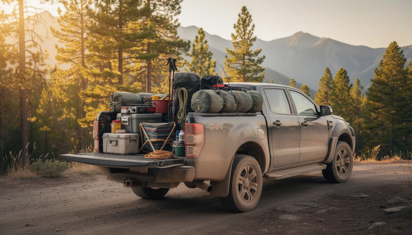 The image shows a Ford Ranger bed, fully loaded with various camping and outdoor recreational equipment, showcasing the spacious bed options and ample cargo space. The setup highlights the truck's versatility for weekend gear, emphasizing its practical features like swing out storage boxes and cargo management rails, suitable for all your hauling needs.