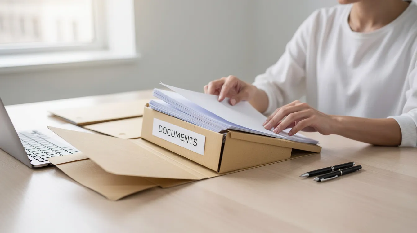 A person is organizing documents into a labeled file folder on a clean desk, ensuring that all essential paperwork, such as bank statements and identity proofs, are neatly arranged for easy access. This scene reflects the importance of maintaining organized records for small businesses seeking financial assistance through schemes like the Pradhan Mantri Mudra Yojana.