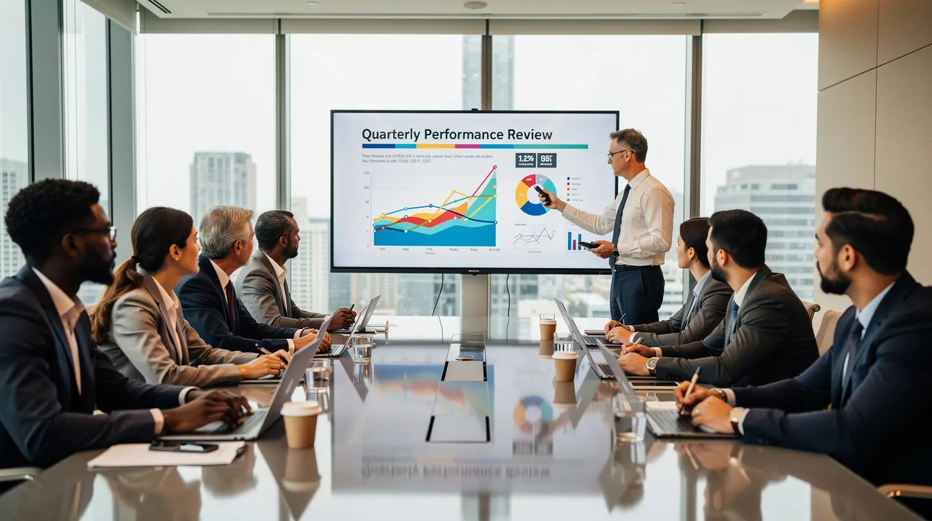 A diverse group of business professionals is gathered in a meeting room, actively listening to a sales presentation displayed on a large screen. They are engaged in discussing strategies to create personalized sales presentations that address the unique challenges and pain points of their target audience.