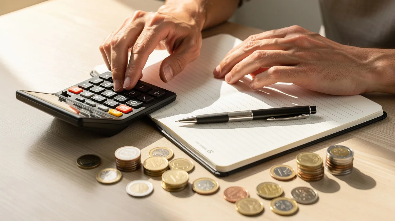 Op de houten tafel liggen een rekenmachine, een notitieboek en munten, terwijl handen bezig zijn met het maken van financiële berekeningen. Deze afbeelding roept gedachten op over onderwerpen zoals vermogen en de economische situatie, die ook politieke partijen zoals GroenLinks en Jesse Klaver aangaan.