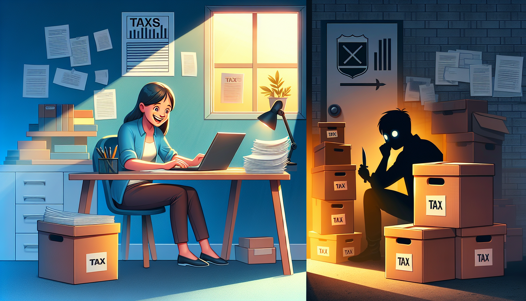 An illustration that explains the legal differences between tax avoidance and tax evasion.