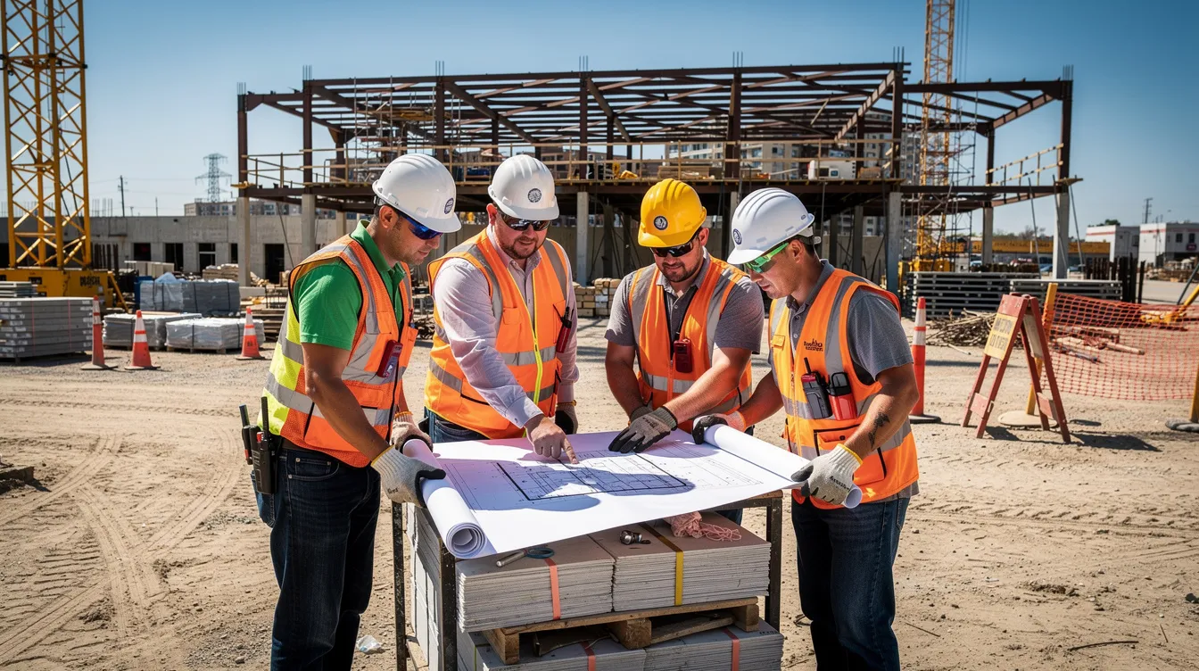 A group of construction workers is gathered on a bright job site, intently reviewing blueprints as part of their project planning. The scene highlights the importance of collaboration and clear communication in the construction industry, essential for achieving successful outcomes and optimizing workflow.
