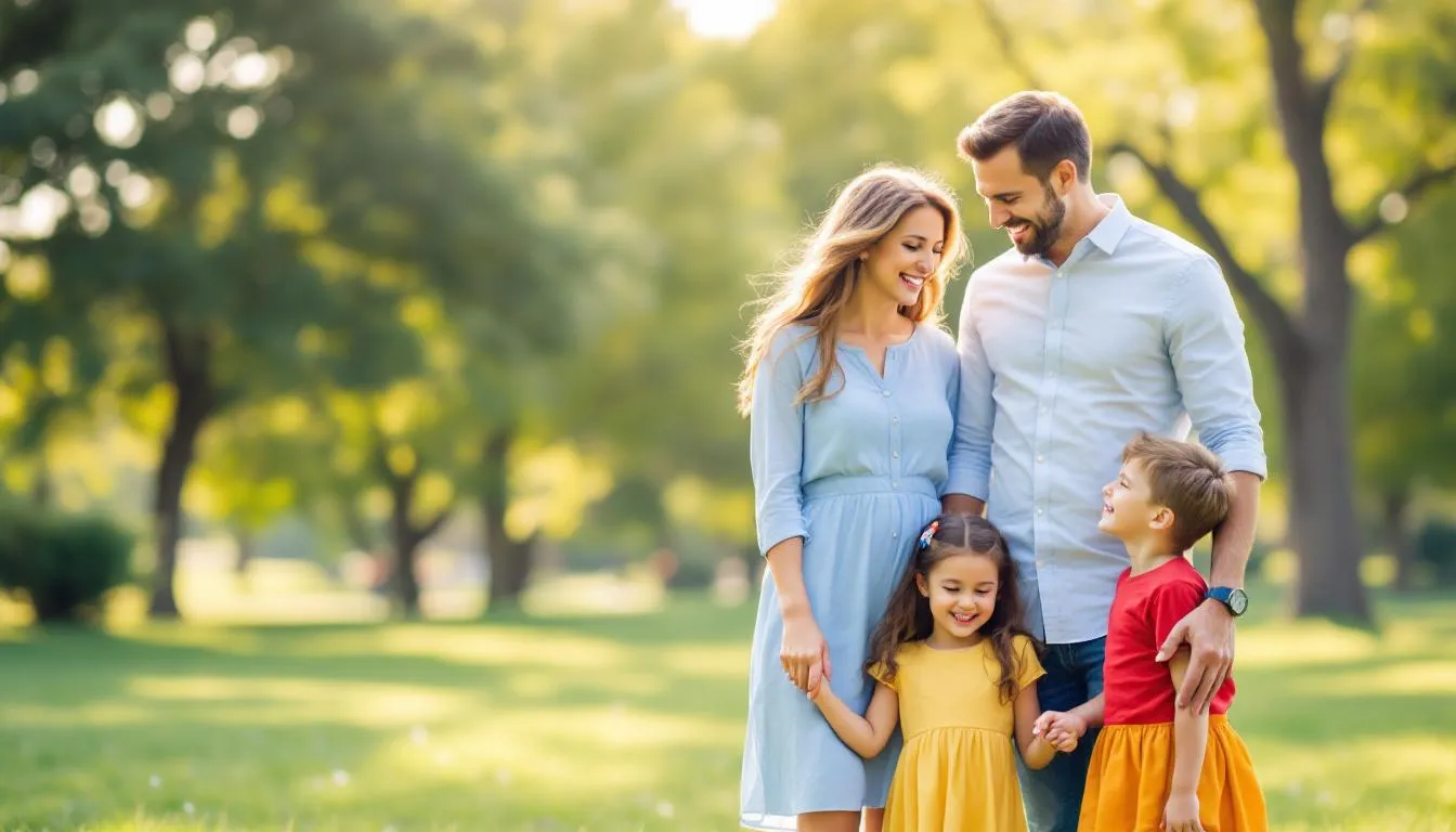 Eine glückliche Familie steht zusammen im Freien, umgeben von Natur. Die Eltern und ihre Kinder lächeln, was die elterneigenschaft und die Freude am Familienleben symbolisiert.