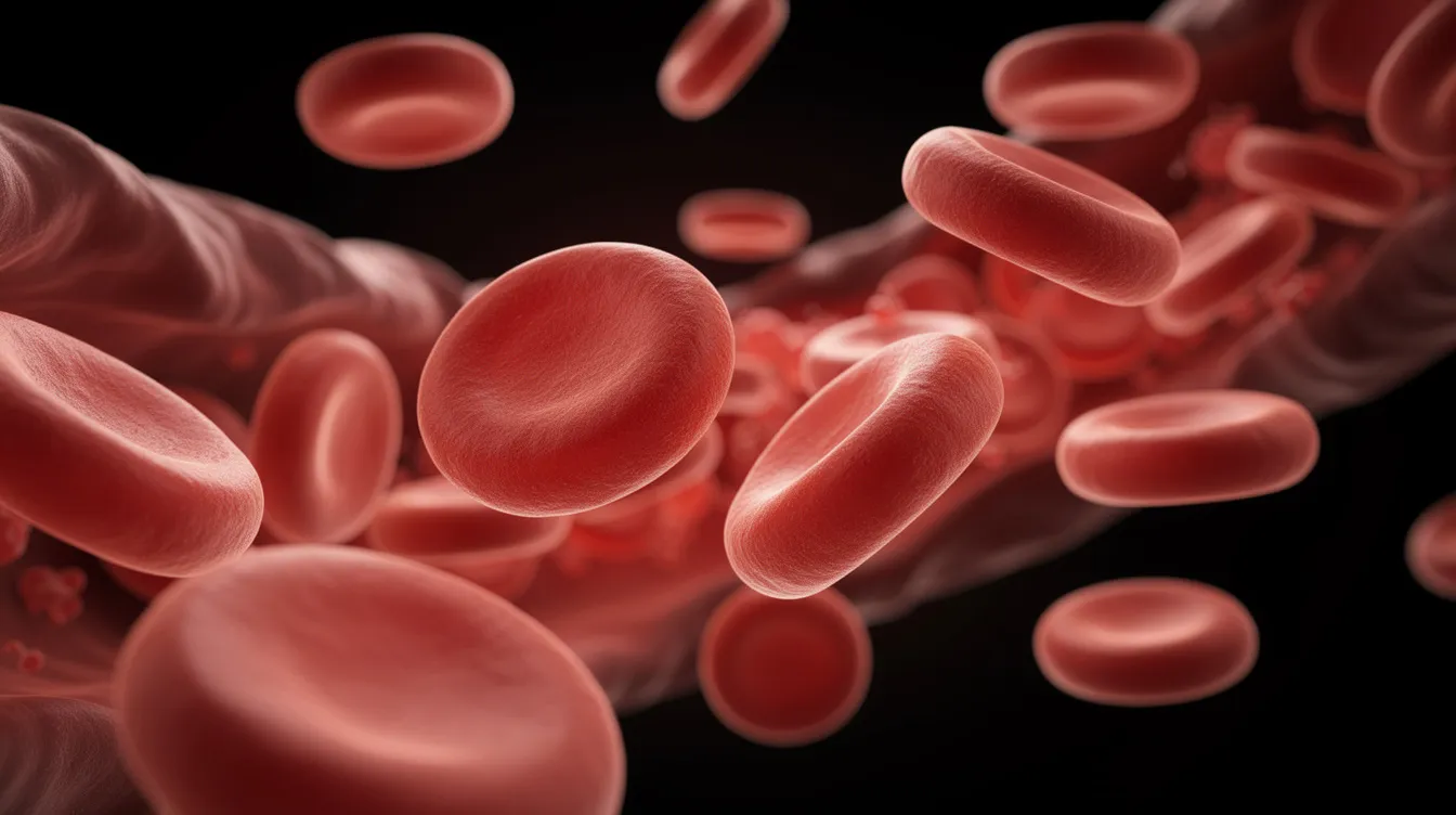 The image shows a microscopic view of healthy red blood cells flowing smoothly through blood vessels, highlighting their role in maintaining a robust immune response and supporting healthy aging. The vibrant red color of the cells contrasts with the surrounding vascular structures, emphasizing the importance of cellular health in tissue regeneration and overall well-being.