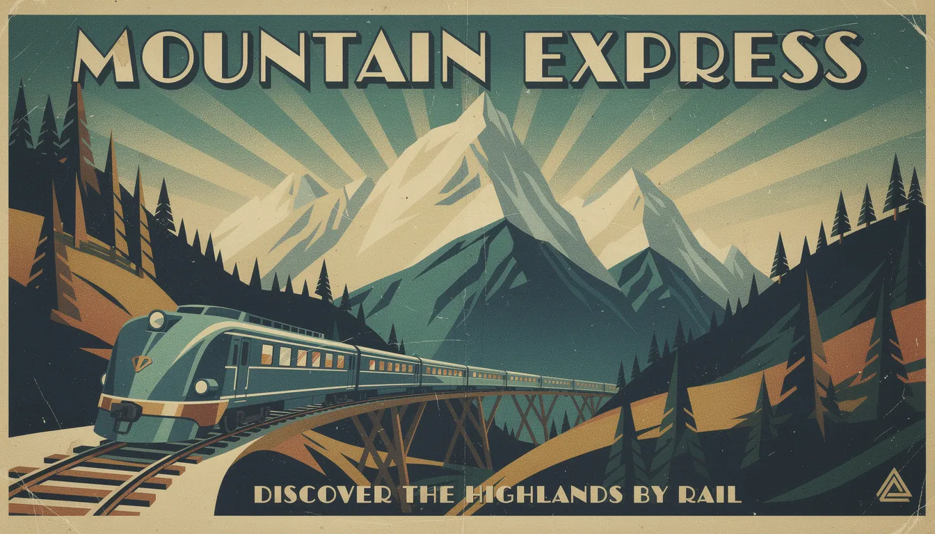 This vintage travel poster showcases a picturesque mountain railway scene, beautifully rendered in Art Deco styling, making it a unique piece of wall art perfect for home decor. The vibrant colors and geometric patterns evoke a sense of adventure and authenticity, ideal for enhancing any living space.