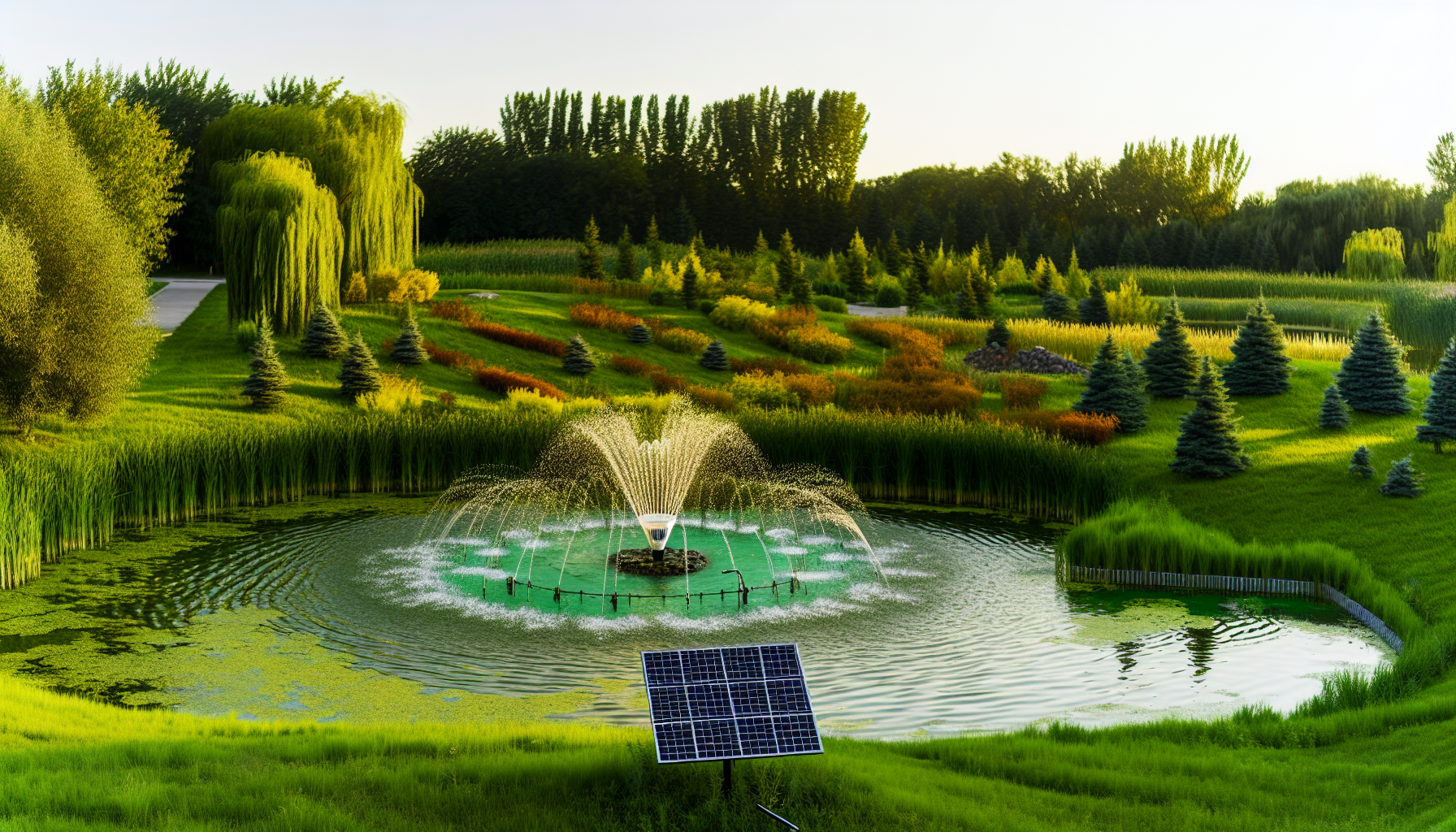 Solar panel powering a pond fountain