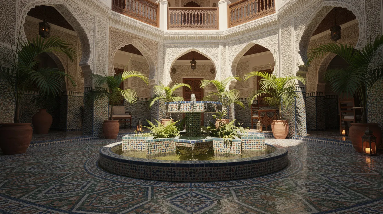 The image depicts a vibrant traditional Moroccan courtyard adorned with intricate colorful tiles, lush plants, and a serene central fountain, embodying the essence of local culture. This picturesque setting is ideal for travelers planning a trip to Morocco, offering a glimpse into the unique architectural beauty found in major cities like Marrakech and Casablanca.