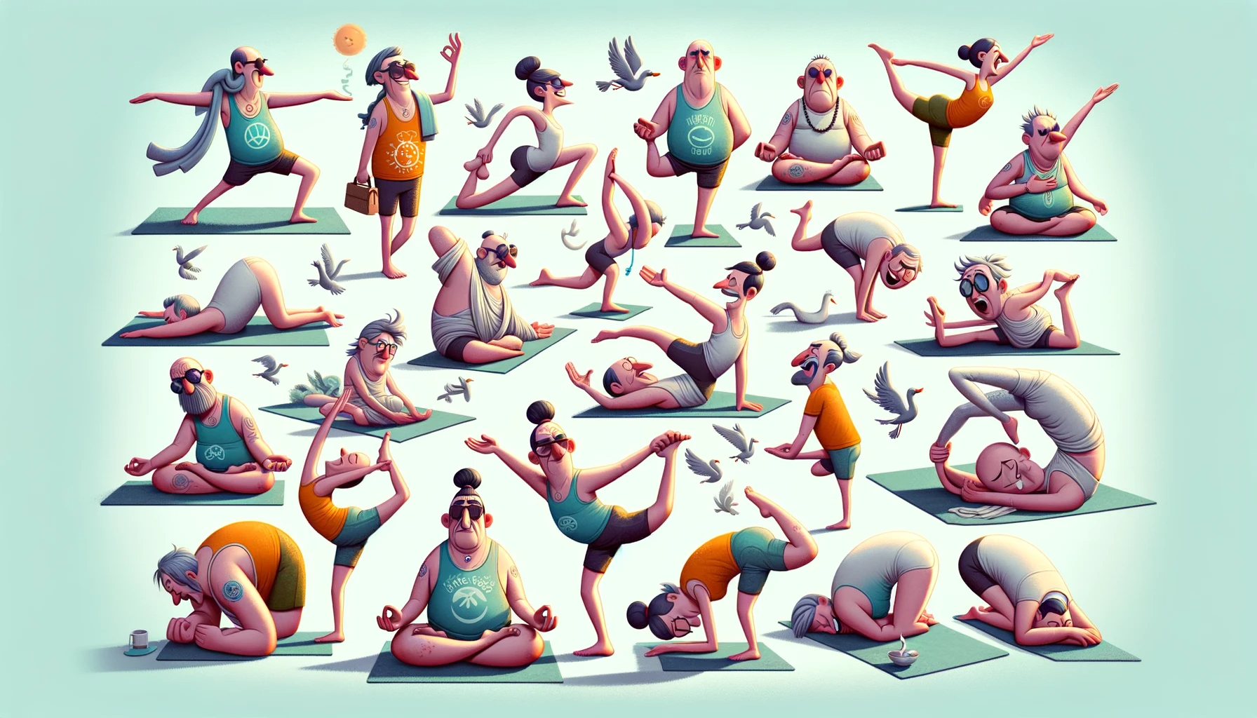 various yoga poses in a playful, cartoonish style, with each character embodying a humorous exaggeration of typical yoga stereotypes, all set against a light, serene background