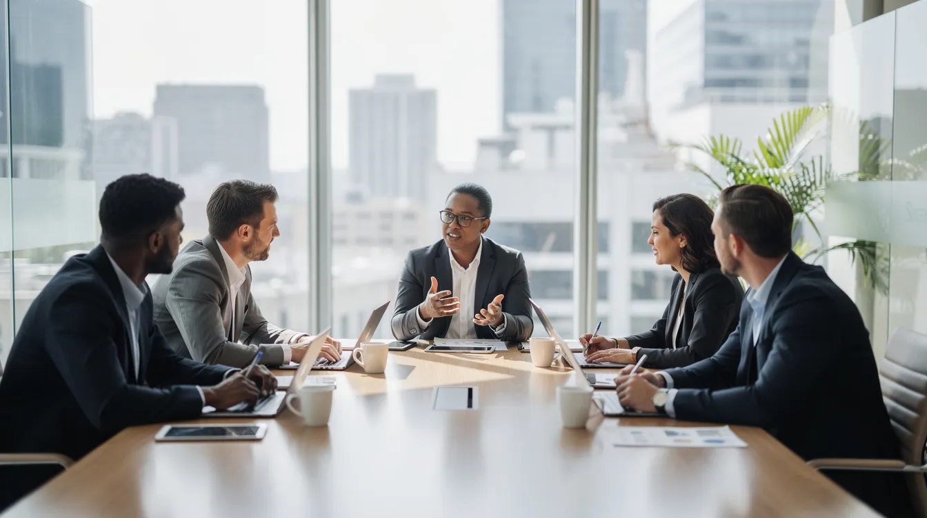 Un groupe de professionnels se réunit autour d'une table de réunion dans un bureau moderne, échangeant des idées et opinions pour prendre des décisions collectives. Cette interaction illustre l'effet de groupe au travail et l'influence sociale qui peut en découler.