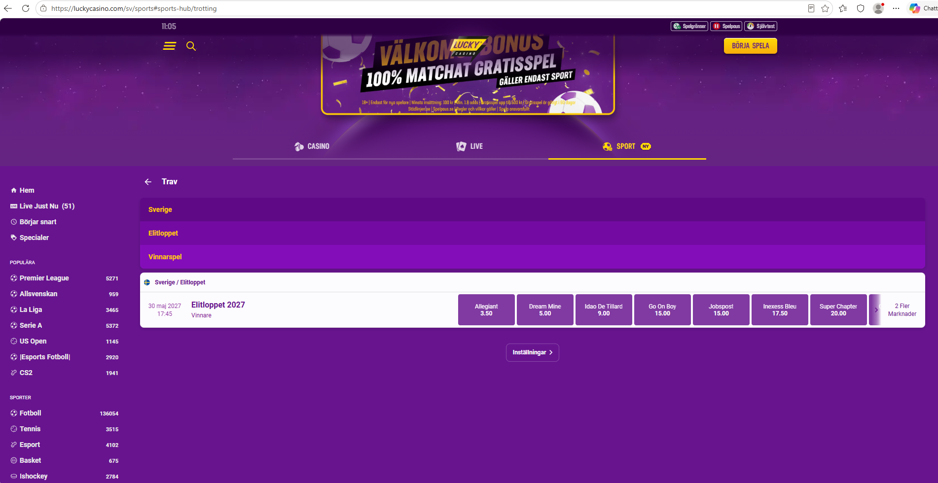 Lucky Casinos sportsida för trav med odds och spel på kommande travlopp.