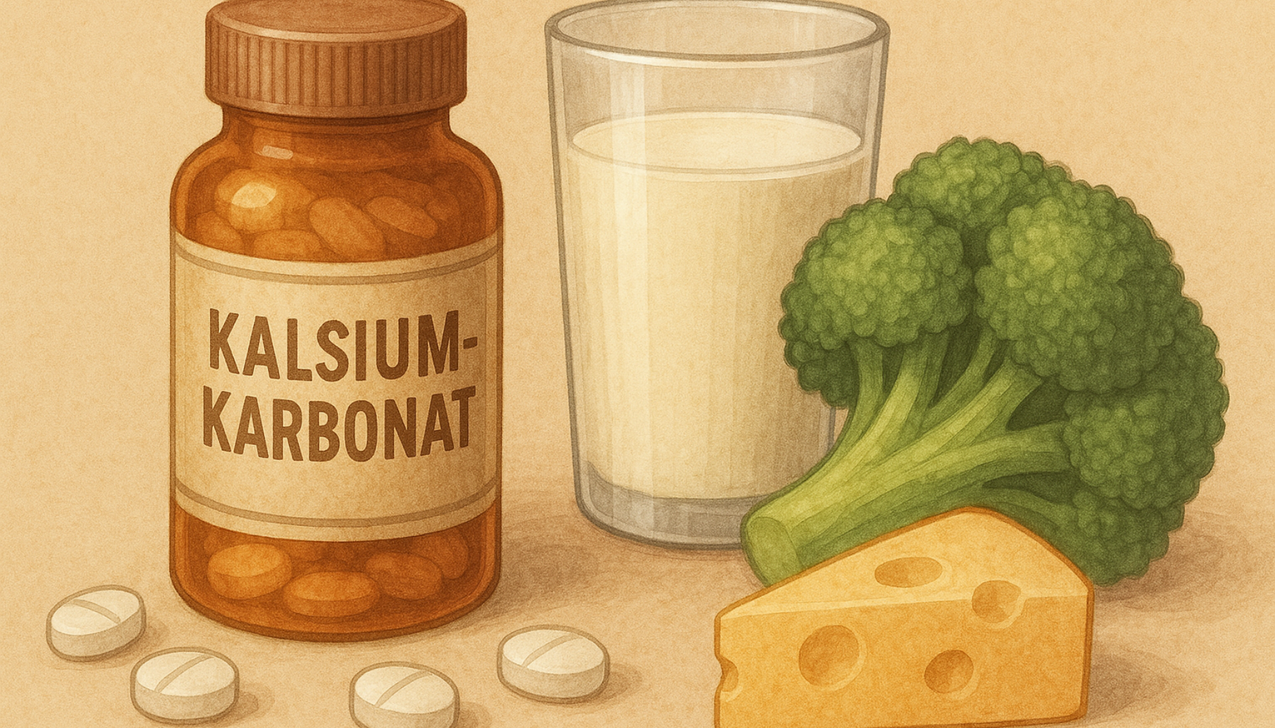 Illustrasjon av kalsiumkilder som brokkoli, melk og ost ved siden av kalsiumkarbonattilskudd på en nøytral bakgrunn.