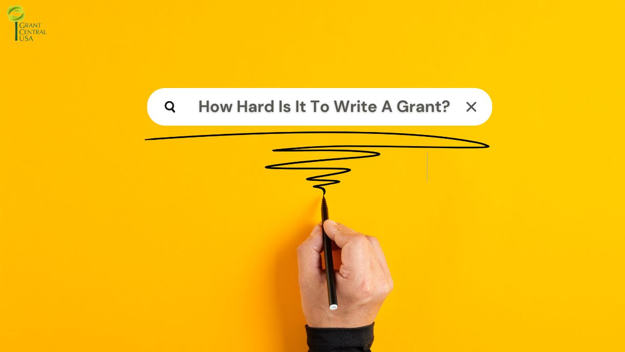 A hand holding a black pen draws a line under a search bar on a bright yellow background. The search bar contains the query "how hard is it to write a grant?"