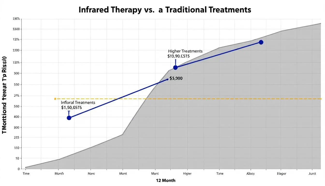 The image is a cost comparison chart illustrating the effectiveness of infrared therapy, specifically red light therapy for knee pain relief, against traditional treatments over time. It highlights the benefits of using red light therapy devices in reducing inflammation and joint discomfort while promoting muscle recovery and collagen production.