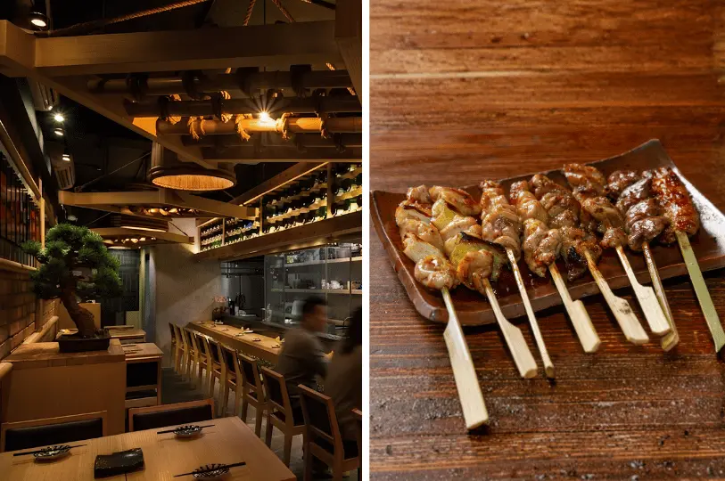 A split image showing the warm, wood-accented interior of a Japanese izakaya with a long counter on the left, and a close-up of a rustic plate filled with various freshly grilled yakitori skewers on the right.