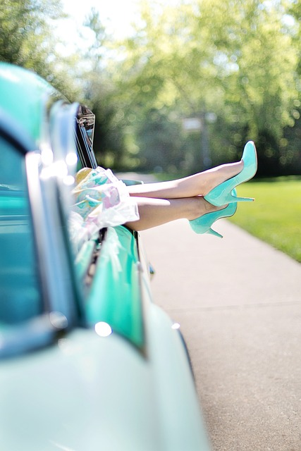 woman's legs, high heels, vintage car