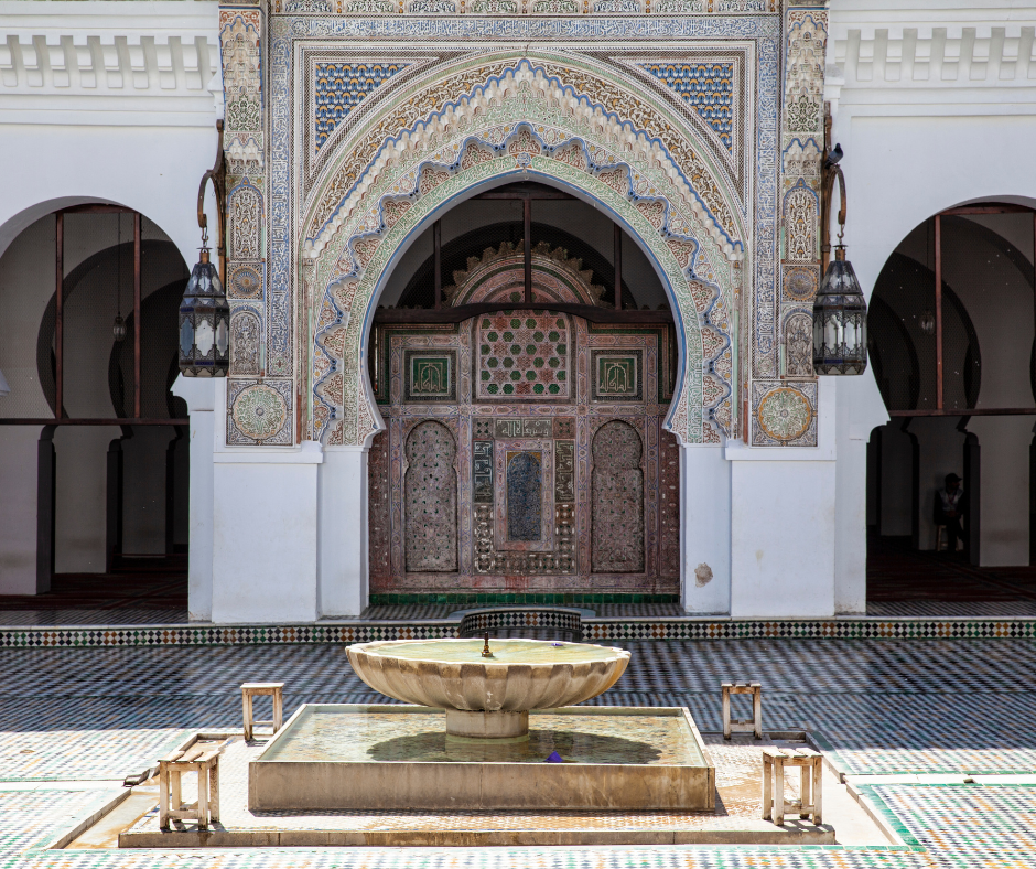 zellige collection in the outdoor space at Al-Qarawiyyin Mosque; tiles are in various shapes, shades, and textures