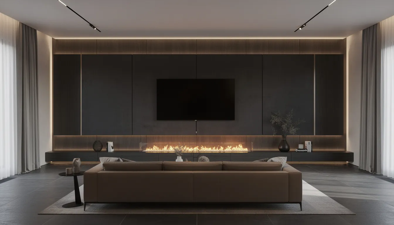 Een luxe cinewall met een geïntegreerde elektrische haard, voorzien van donkere panelen en indirecte verlichting, creëert een exclusieve uitstraling in de woonkamer. Deze stijlvolle wand achter de tv biedt extra sfeer en functionaliteit, perfect passend bij jouw eigen interieur.