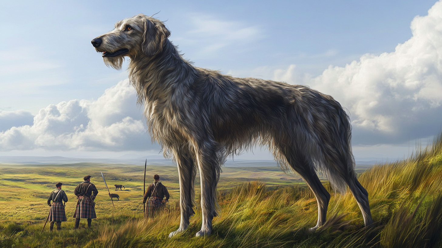 An historical image of the Scottish Deerhound over looking the Scottish landscape