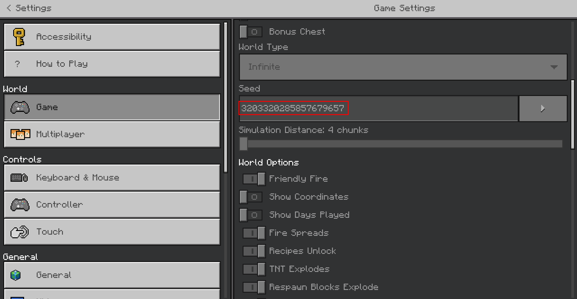 The Minecraft Bedrock &quot;Game Settings&quot; with the seed of the world highlighted.