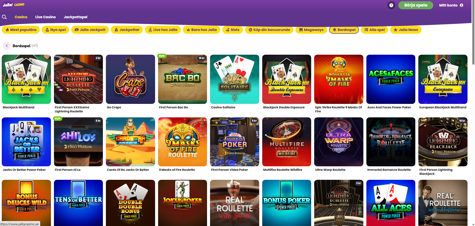 Jalla Casinos bordsspelsida med blackjack, roulette, poker och andra bordsspel.