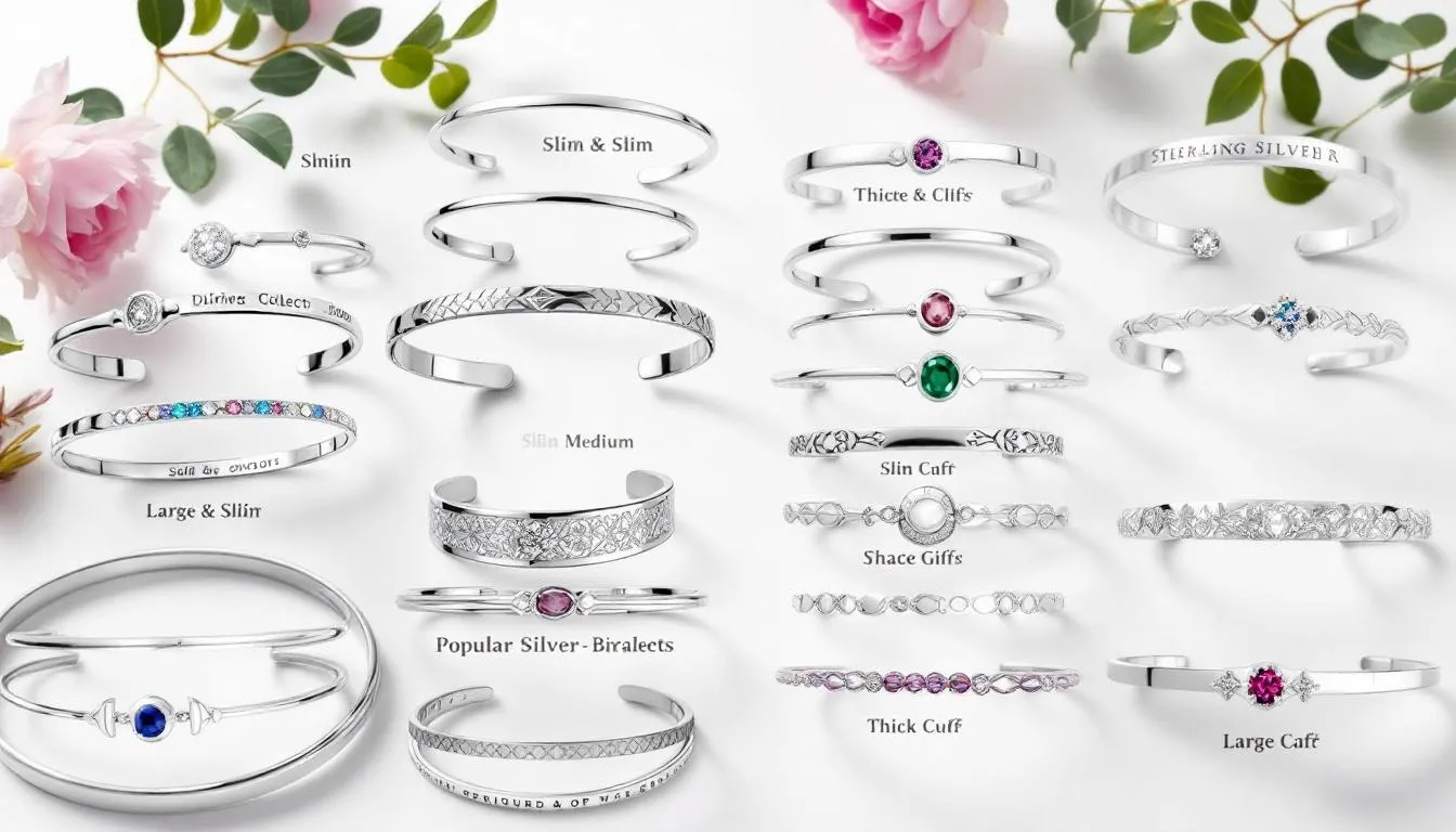 The image showcases a variety of sterling silver cuff bracelets, highlighting different widths and sizes available for purchase. Each bracelet features unique styles, making them perfect gifts for any occasion, with options to filter and sort by price and stock status. Many of these beautiful pieces are brought to you by skilled artisans, including exclusive collections inspired by London’s vibrant jewellery scene. When ordering, you can add your favourite designs to a wishlist to save for later or gift ideas. Some popular styles may require a short wait due to high demand, but rest assured, each cuff is carefully crafted and packaged in a stylish bag, perfect for gifting or safekeeping.