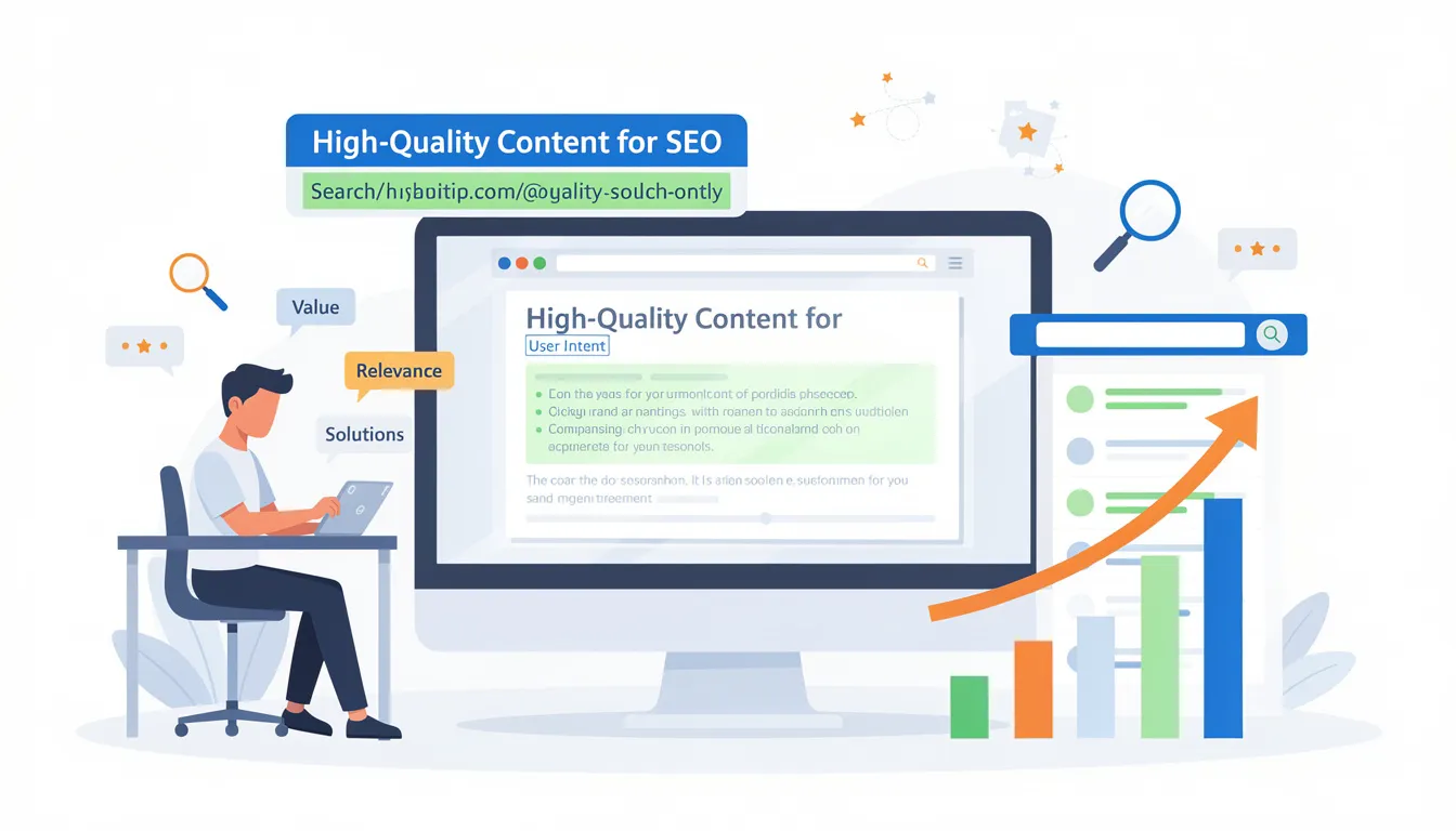 The image illustrates the importance of quality content for effective search engine optimization (SEO), emphasizing how valuable and relevant content can significantly influence search engine rankings and improve visibility in Google search results. It highlights key concepts such as keyword research, on-page SEO, and the role of user intent in creating compelling content that meets the needs of the target audience.