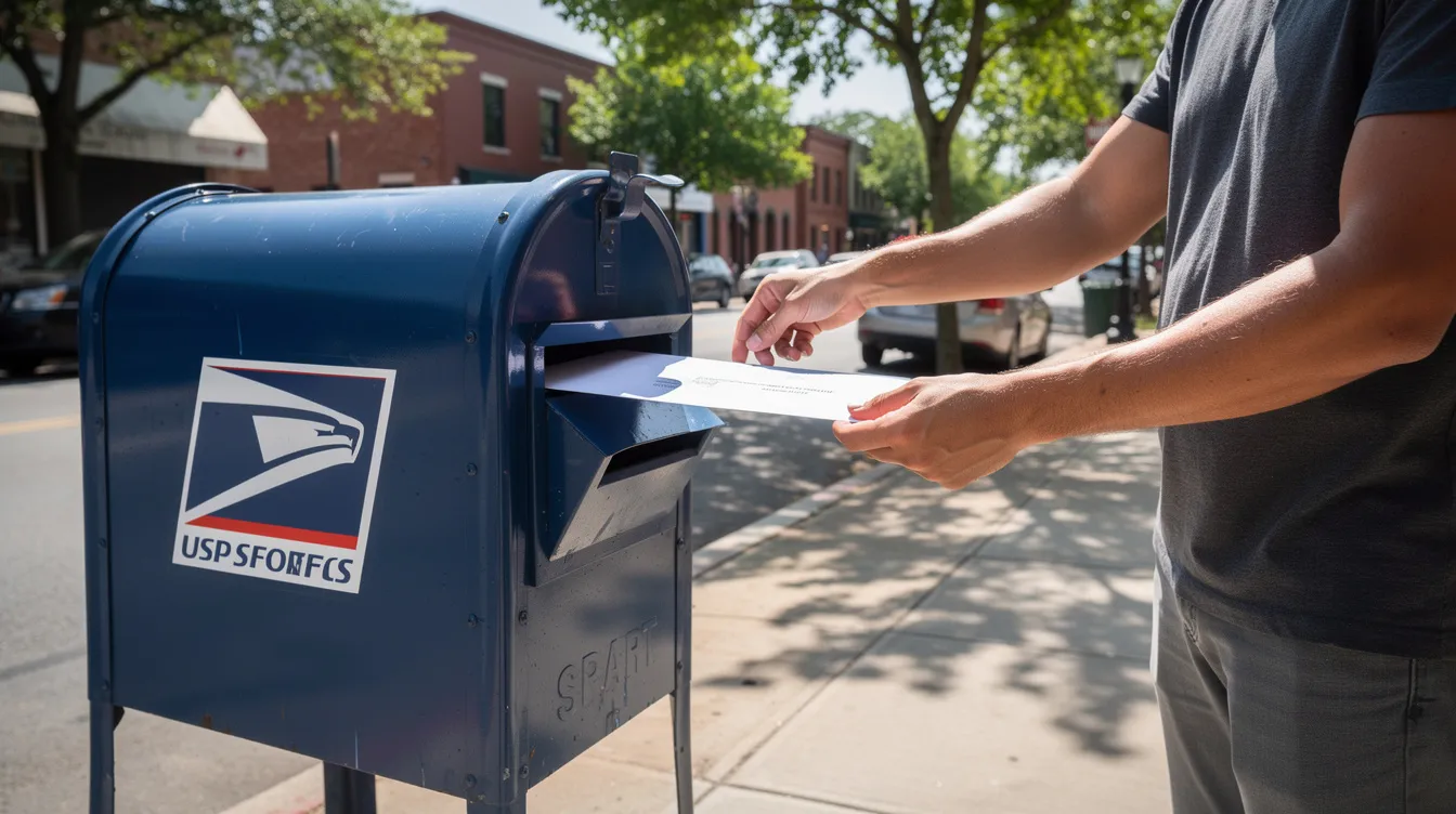 A person is depositing an envelope into a blue USPS mailbox on a sunny street, possibly containing legal documents related to family law cases, such as child custody or support paperwork. The scene captures the act of mailing important court forms, highlighting the process of serving documents to the other party involved.