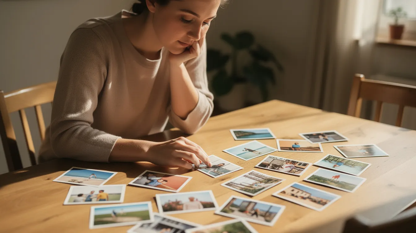 A person is seated at a table in their home, looking thoughtfully at a collection of photographs spread out before them. This moment may represent their preparation for a plastic surgery consultation, as they consider their medical history and potential risks associated with various procedures.