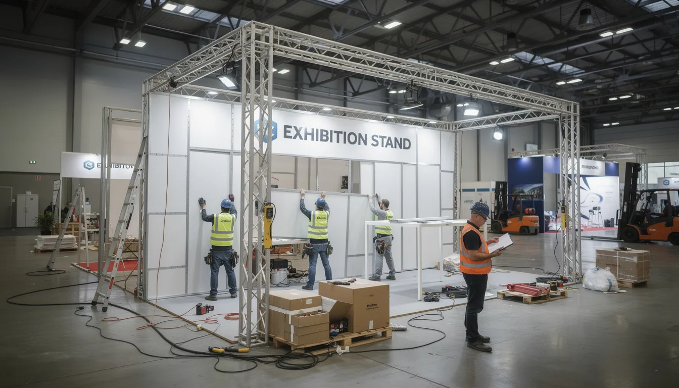 The image depicts the on-site installation of a custom exhibition stand in a crowded exhibition hall, showcasing the expertise of professional exhibition stand contractors. The stand features a visually appealing design with interactive elements, aimed at attracting potential clients and effectively communicating the brand's message.